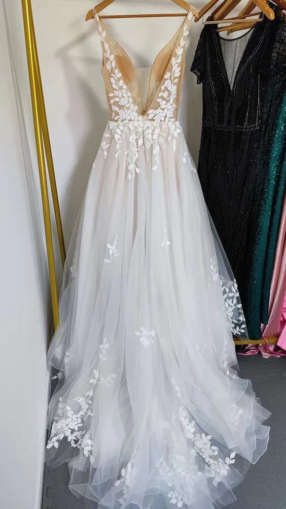 Wholesale A-Line/Princess V-Neck Floor-Length Lace Wedding Dress